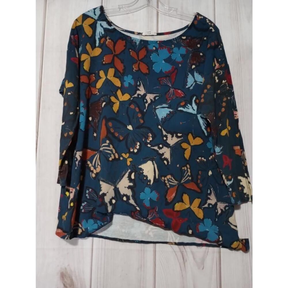 Weston Shirt‎ Ladies Large Blue Butterfly Print Long Sleeve Light Weight